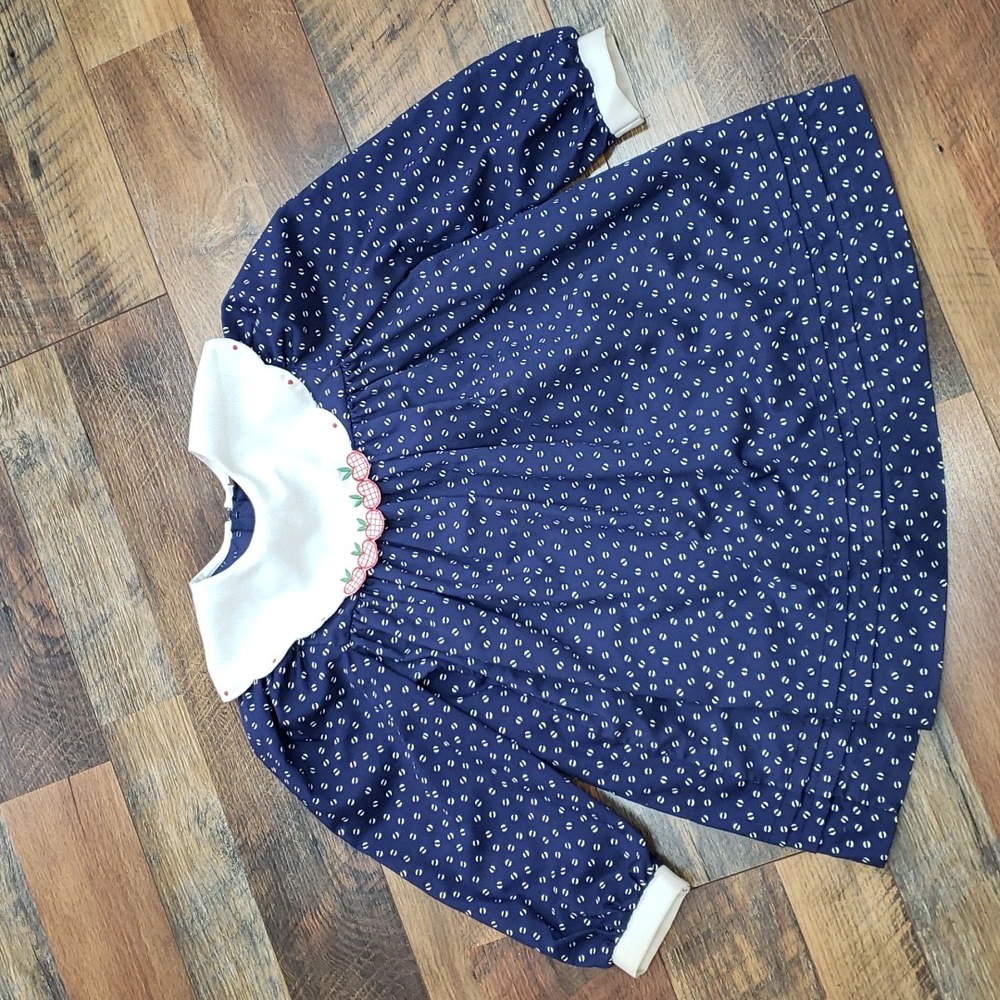 Vintage Coming Thing Apple Blue Polka Dot Collared Long Sleeve Dress